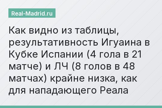 Как видно из таблицы, результативность Игуаина в Кубке Испании (4 гола в 21 матче) и ЛЧ (8 голов в 48 матчах) крайне низка, как для нападающего Реала