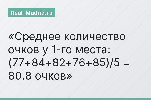 Среднее количество очков у 1-го места: (77+84+82+76+85)/5 = 80.8 очков