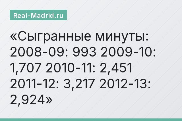 Сыгранные минуты: 2008-09: 993 2009-10: 1,707 2010-11: 2,451 2011-12: 3,217 2012-13: 2,924