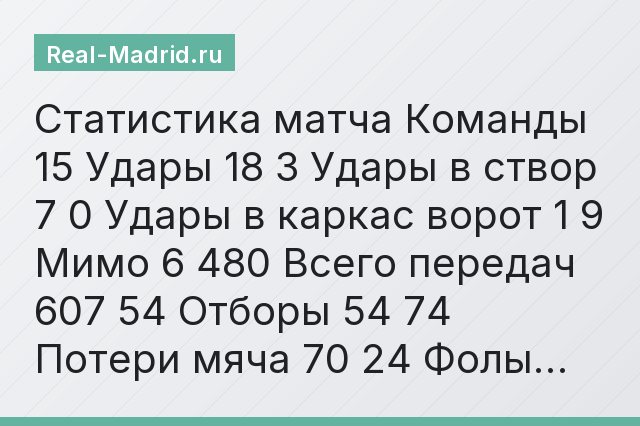 Статистика матча Команды 15 Удары 18 3 Удары в створ 7 0 Удары в каркас ворот 1 9 Мимо 6 480 Всего передач 607 54 Отборы 54 74 Потери мяча 70 24 Фолы…