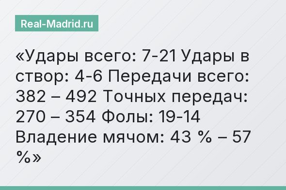 Удары всего: 7-21 Удары в створ: 4-6 Передачи всего: 382 – 492 Точных передач: 270 – 354 Фолы: 19-14 Владение мячом: 43 % – 57 %