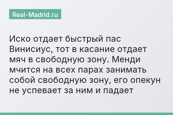 Иско отдает быстрый пас Винисиус, тот в касание отдает мяч в свободную зону. Менди мчится на всех парах занимать собой свободную зону, его опекун не успевает за ним и падает